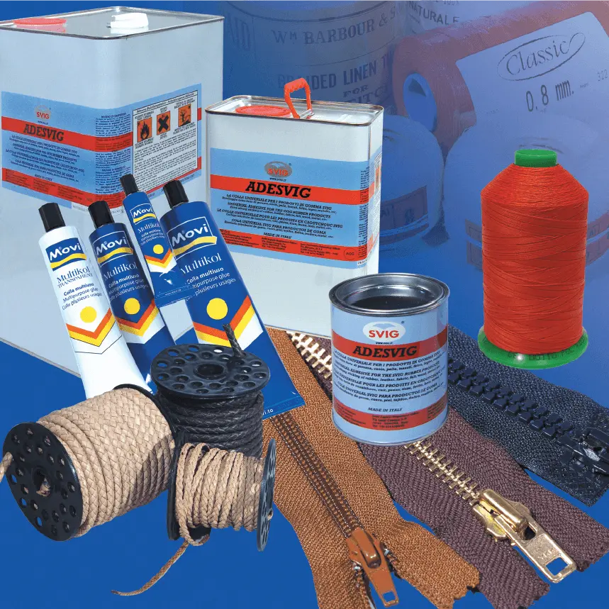 Stiskači, drukarji, jeans gumb, rinčice za čevlje, čevljarski žeblji, teksi, zakovice za usnje,zadrge, vozički za zadrge, lepila za usnje in gumo,vosek, usnjene vezalke, povoskan sukanec-dreta, ježek-čič trak, usnjene pete